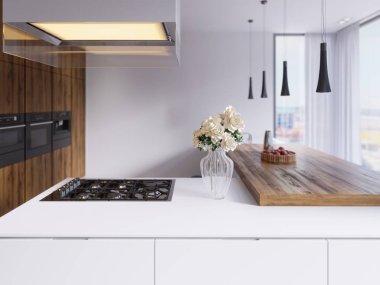Teknolojik modern mutfak aletleri yeni nesil ile minimalist tarzda. Hob, ışıklı cam hood, tavan ışık, mutfak tezgahı, sandalye ve d bar? kor 3d render