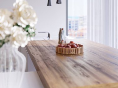 Dekor ahşap yemek masası ve bar. alan etkili derinliği. 3D render