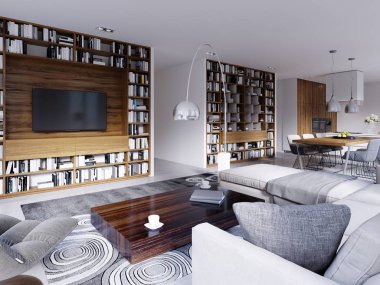 Çağdaş iç kitap ve bir Tv. 3d render ile yapılı-içinde ahşap raflar ile bir İskandinav tarzı mutfak ile parlak bir oturma odası bulunuyor