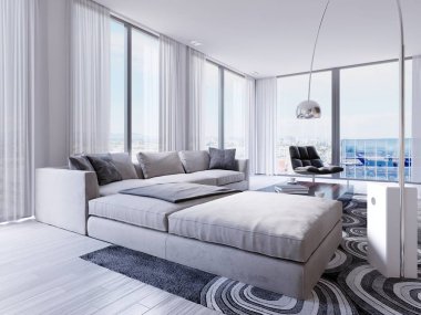 Büyük lüks köşe kanepe koltuk şehrin güzel manzaralı panoramik pencerelere yakın ile. 3D render