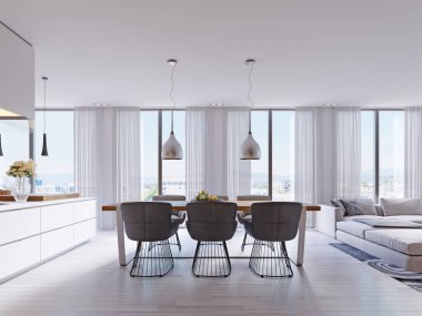 Çağdaş yemek odası büyük tablo ve loft tarzı sandalye ile. 3D render