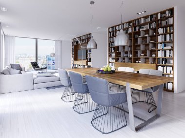 bir çatı katı tarzında altı sandalye ile modern bir tasarımcı tabloyla yemek alanı. Büyük dahili kitap, mutfak ve yaşam alanı için raflar. 3D render