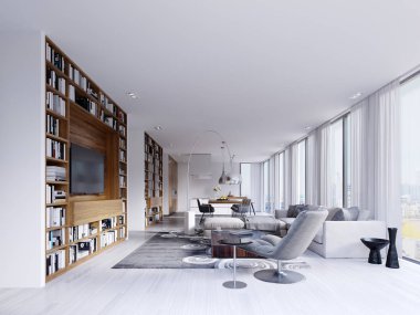 Çağdaş iç kitap ve bir Tv. 3d render ile yapılı-içinde ahşap raflar ile bir İskandinav tarzı mutfak ile parlak bir oturma odası bulunuyor