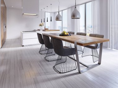 Çağdaş yemek odası büyük tablo ve loft tarzı sandalye ile. 3D render
