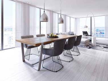 Loft tarzı daire büyük asılı lambalar, ahşap masa, yaratıcı sandalye ile tasarımcı yemek masası. 3D render