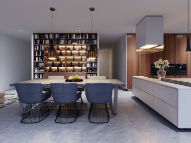 Büyük yemek odası ile mutfak, büyük yemek masası şık çağdaş bir tarzda. Yemek-mutfak iç için yaratıcı tasarım çözümü. 3D render.