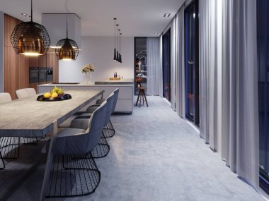 Büyük yemek odası ile mutfak, büyük yemek masası şık çağdaş bir tarzda. Yemek-mutfak iç için yaratıcı tasarım çözümü. 3D render.