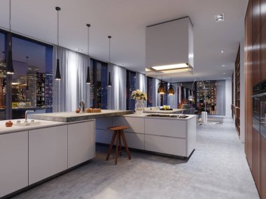 Lüks mutfak iç beton Isle, sandalye, mutfak tezgahı bir dizi ve panoramik bir pencere ile. 3D render.