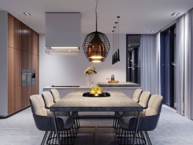 Büyük bir yemek masası ile beton bir mutfak, büyük tasarımcı asılı lambalar ve altı şık sandalyeler. 3D render.