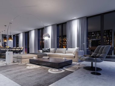 Lüks bir daire içinde büyük kanepe ile geniş oturma odası. 3D render