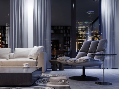 Akşam iç kapitone döşeme ile tasarımcı yumuşak sandalye. 3D render.