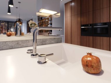 Modern çelik karıştırıcı yeni çağdaş mutfak bir krom kaplama ile. 3D render