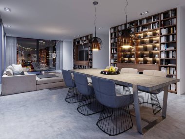 Loft tarzı yemek odası büyük ve sağlam beton ahşap, bir yaratıcı tasarım altı yumuşak sandalyeler ile. 3D render.