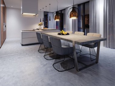 Büyük yemek odası ile mutfak, büyük yemek masası şık çağdaş bir tarzda. Yemek-mutfak iç için yaratıcı tasarım çözümü. 3D render.