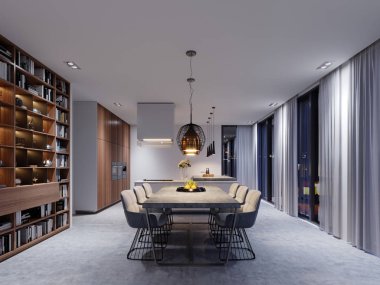 Büyük yemek odası ile mutfak, büyük yemek masası şık çağdaş bir tarzda. Yemek-mutfak iç için yaratıcı tasarım çözümü. 3D render.
