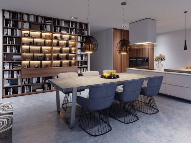 Loft tarzı yemek odası büyük ve sağlam beton ahşap, bir yaratıcı tasarım altı yumuşak sandalyeler ile. 3D render.