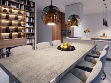 Büyük bir yemek masası ile beton bir mutfak, büyük tasarımcı asılı lambalar ve altı şık sandalyeler. 3D render.