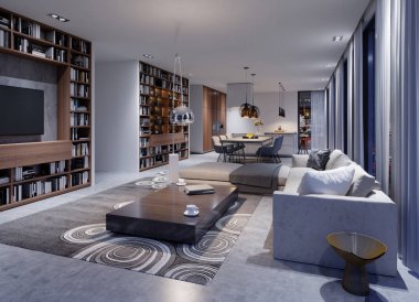 Bir köşe kanepe, tasarımcı koltuklar ve zemin lamba ile dergi bir tablo ile birlikte akşam rahat modern oturma odası. 3D render