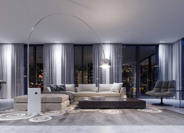 Bir büyük beyaz köşe kanepe büyük panoramik pencereler yakınındaki akşam iç modüler bir sistem ile. 3D render.