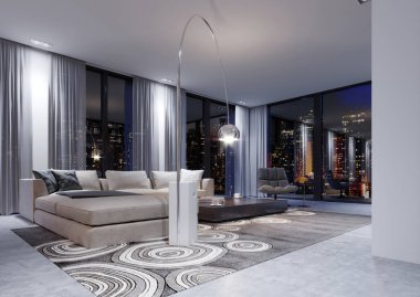 Bir büyük beyaz köşe kanepe büyük panoramik pencereler yakınındaki akşam iç modüler bir sistem ile. 3D render.
