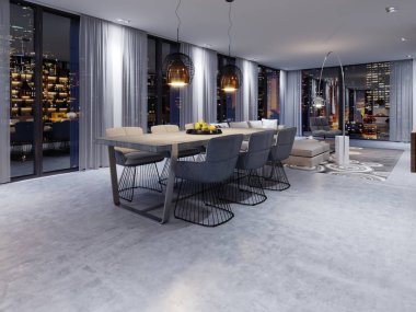 Loft tarzı yemek odası büyük ve sağlam beton ahşap, bir yaratıcı tasarım altı yumuşak sandalyeler ile. 3D render.