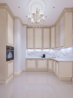 Yeni ev modern bir klasik tarzda bej mutfakta. 3D render