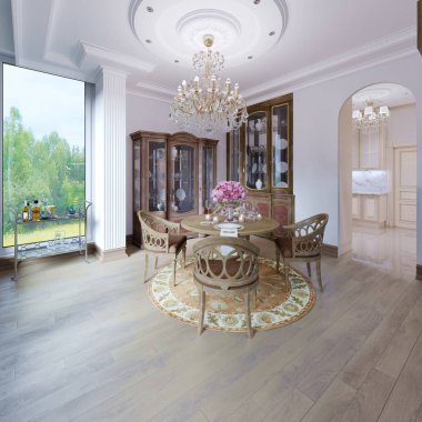 Şık lüks bir yemek odası klasik iç. Kahverengi renk ahşap iç tasarım. 3D render