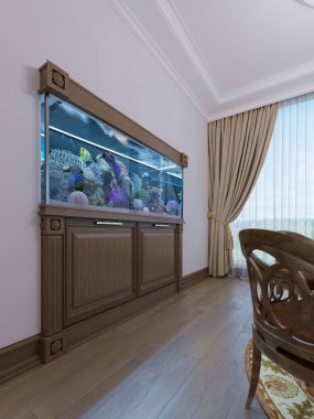 Yerleşik akvaryum ile klasik tarzda bir ahşap çerçeve altındaki dolapta. 3D render.