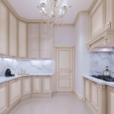 Yeni ev modern bir klasik tarzda bej mutfakta. 3D render