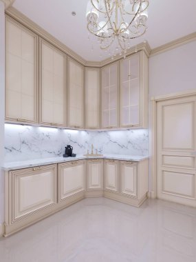 Klasik mutfak, İskandinav en az iç tasarım ahşap detayları, 3d render ile