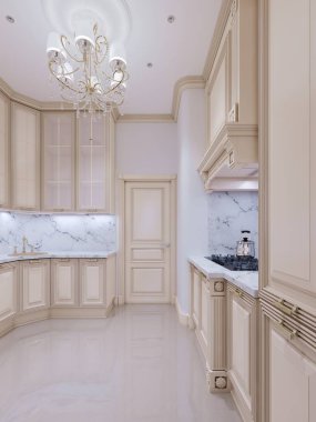 Küçük mutfak bir klasik tarzda. 3D render.