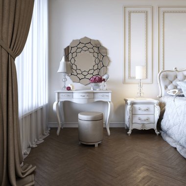 Kadının küçük özel odası tablo. Yatak odası ve makyaj, saç bir ayna ile iç ayrıntıları. 3D render