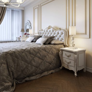 Kral Yataklı büyük pencere ile parlak yatak odasında. 3D render