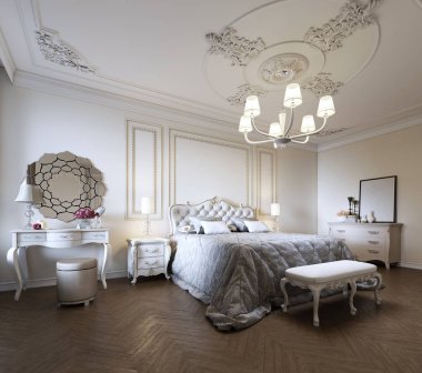Yatak odası iç tasarım modern bir klasik tarzda. 3D render