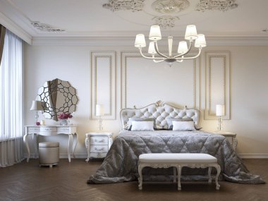 Lüks yatak odası ile yatak ve başucu masa ve tuvalet masası. Konsept iç, ev, konfor, otel. 3D render