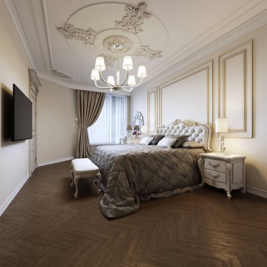 Lüks yatak odası ile yatak ve başucu masa ve tuvalet masası. Konsept iç, ev, konfor, otel. 3D render