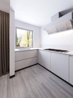 Modern İskandinav mutfak, kroki soyut iç tasarım projesi. 3D render