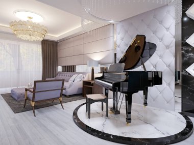 Lüks salonunda güzel piyano. Mor koltuk sandalye ve masa, kolye lamba, rhinestones ile. 3D render.