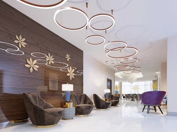 Lounge area of a hotel, club, company lobby. Fragment of the modern lobby of the five stars hotel. 3D rendering
