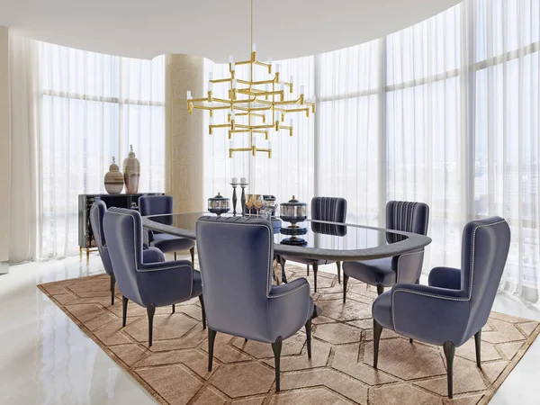 A meeting room in art deco style with a large table and luxurious soft chairs. 3d rendering.