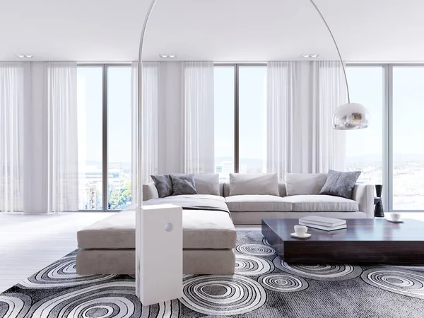 Luxury apartments with a white corner sofa in a bright interior. 3d rendering