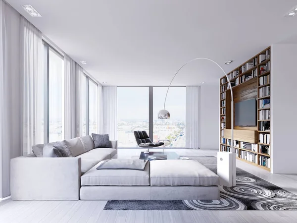 Luxury apartments with a white corner sofa in a bright interior. 3d rendering