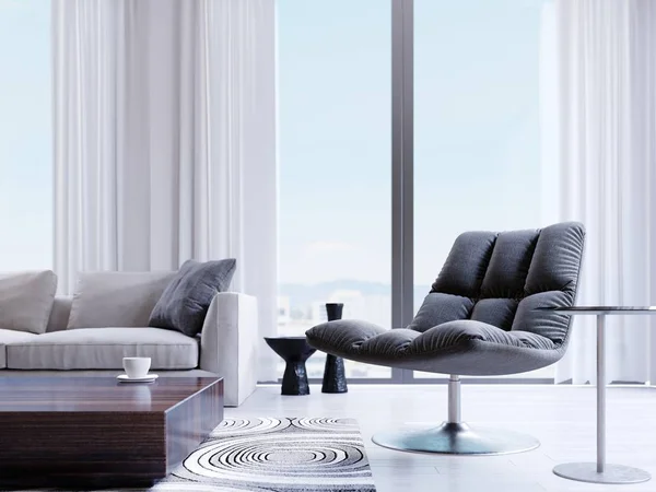 Designer Black Chair Window Modern Interior Depth Field Effect Rendering — Stock Photo, Image