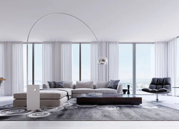 Kissen Auf Bequemem Ecksofa Mit Sessel Und Panoramafenstern Modernen Wohnzimmer — Stockfoto