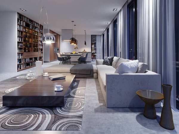 роскошный интерьер гостиной студии в современном дизайне с кухней и столовой. Вечерний свет в интерьере с большими окнами и видом на вечерний город
. 