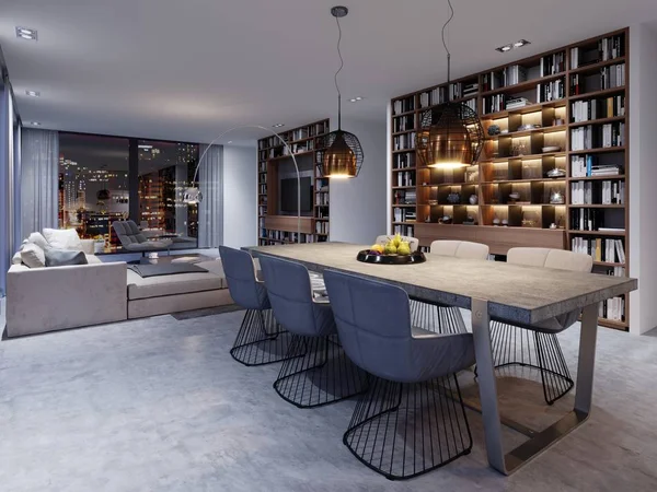 Sala Jantar Estilo Loft Com Mesa Grande Bancada Concreto Sólido — Fotografia de Stock