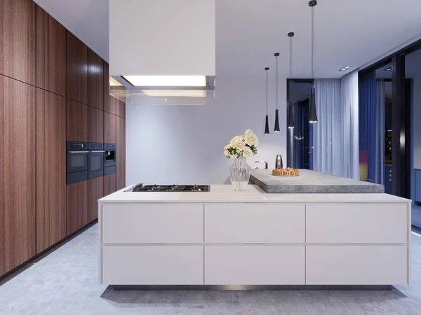 Scandinavian White Kitchen Evening Light Decor Minimalistic Interior Design Rendering — Stock Photo, Image