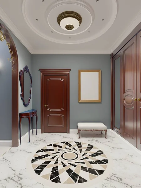 Lujoso Salón Apartamentos Estilo Clásico Con Muebles Marrones Paredes Azules —  Fotos de Stock