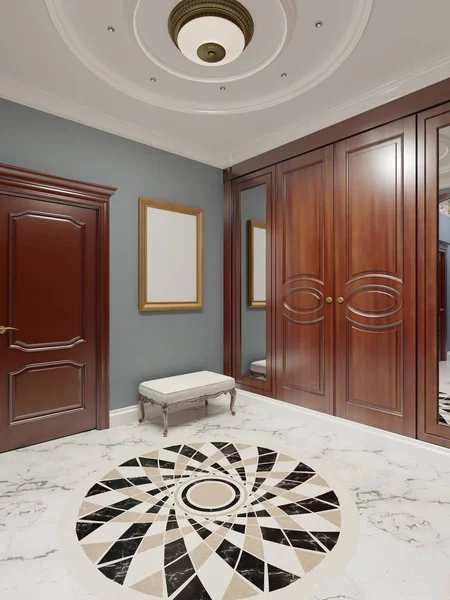 ブルーの壁とダークブラウンの家具の古典的なスタイルの豪華なアパート ホール レンダリング — ストック写真
