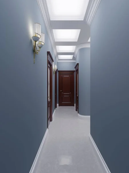 经典风格的走廊 蓝色墙壁 棕色的门和白色大理石地板 — 图库照片
